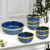 Luxurious Blue & Gold 7-Piece Ceramic Dessert & Pudding Bowl Set | Elegant Gift Box Packaging